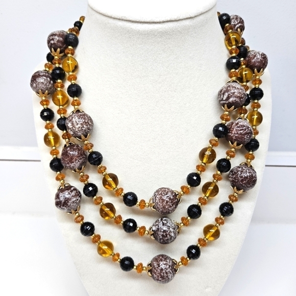 VINTAGE Glass and Plastic Beaded Three Strand Necklace - Picture 1 of 6